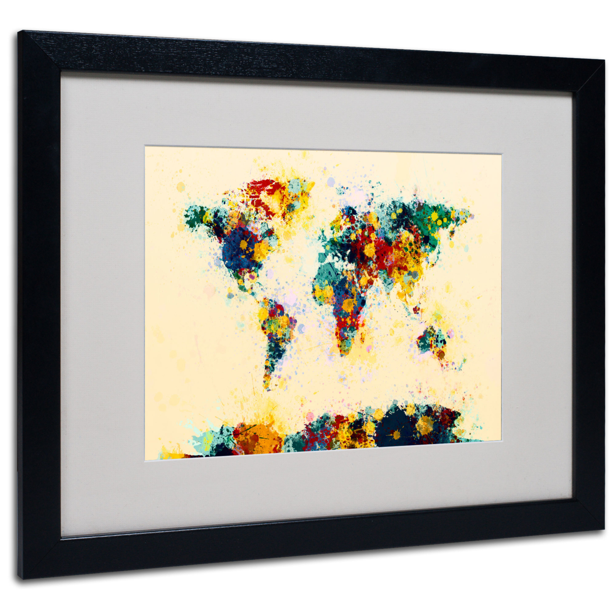 Michael Tompsett 'World Map Splashes' Black Wooden Framed Art 18 X 22 Inches