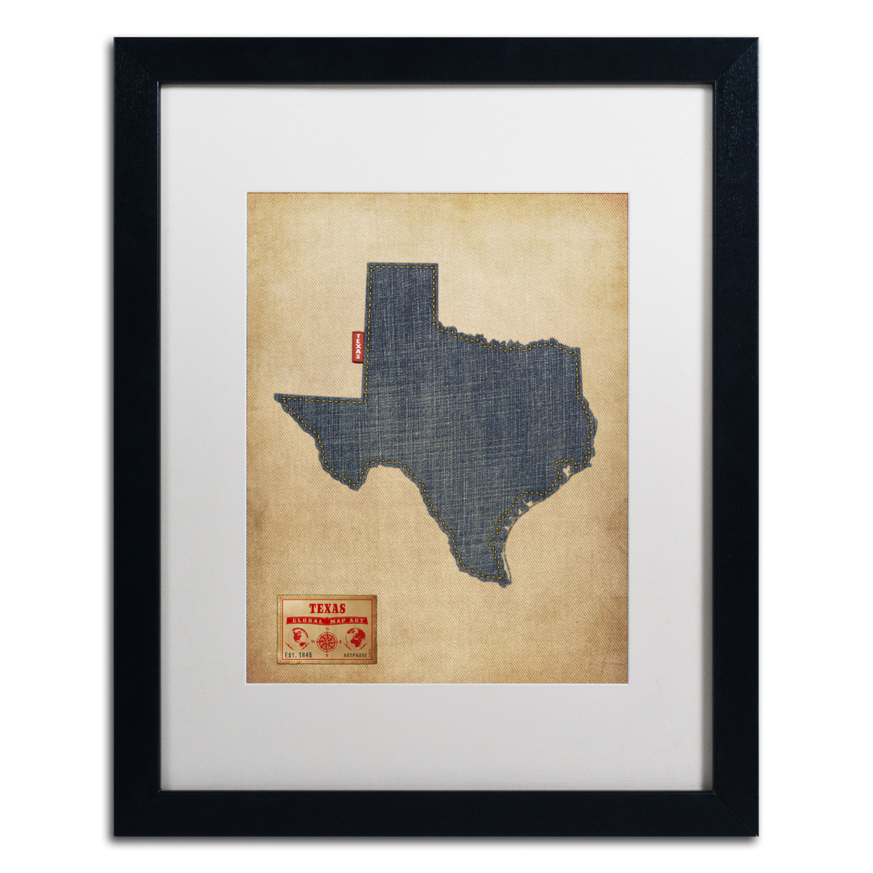 Michael Tompsett 'Texas Map Denim Jeans Style' Black Wooden Framed Art 18 X 22 Inches
