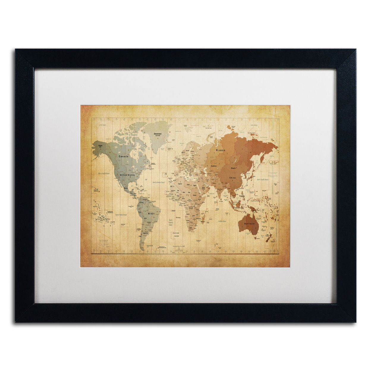 Michael Tompsett 'Time Zones Map Of The World' Black Wooden Framed Art 18 X 22 Inches