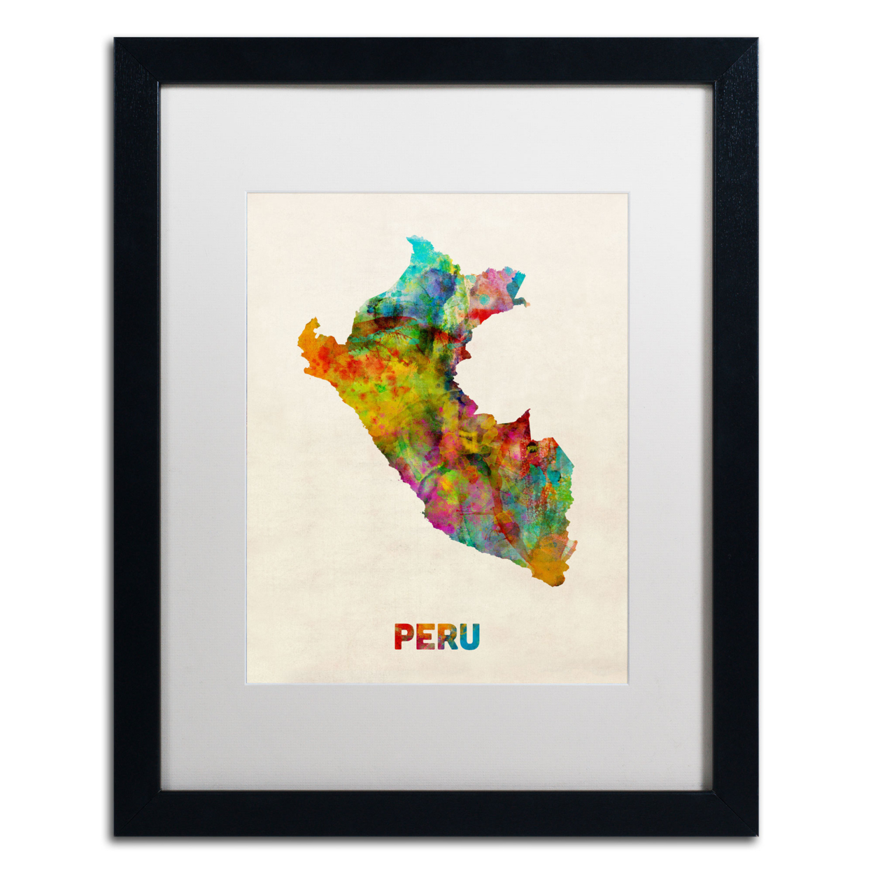 Michael Tompsett 'Peru Watercolor Map' Black Wooden Framed Art 18 X 22 Inches