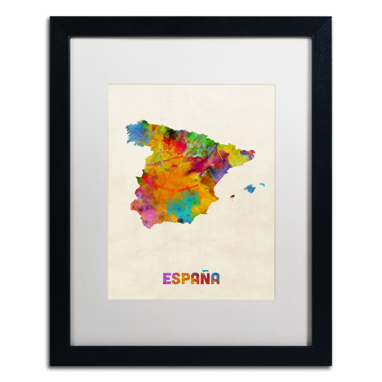 Michael Tompsett 'Spain Watercolor Map' Black Wooden Framed Art 18 X 22 Inches