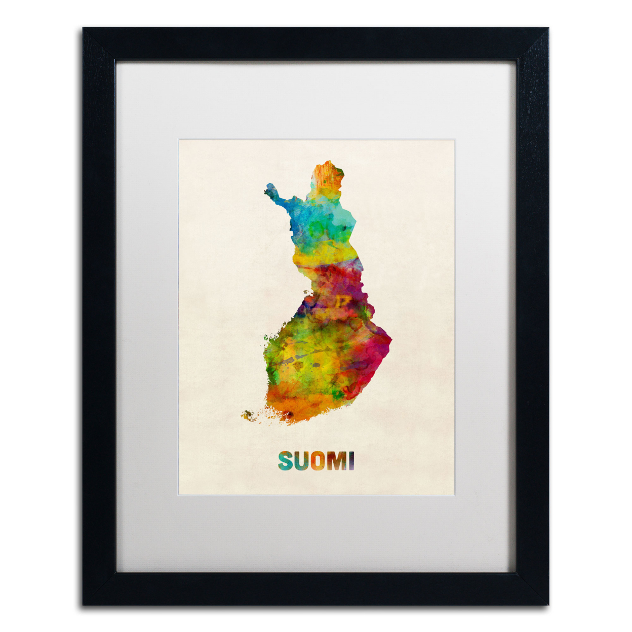 Michael Tompsett 'Finland Watercolor Map (Suomi)' Black Wooden Framed Art 18 X 22 Inches