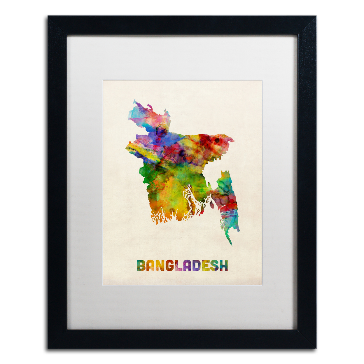 Michael Tompsett 'Bangladesh Watercolor Map' Black Wooden Framed Art 18 X 22 Inches