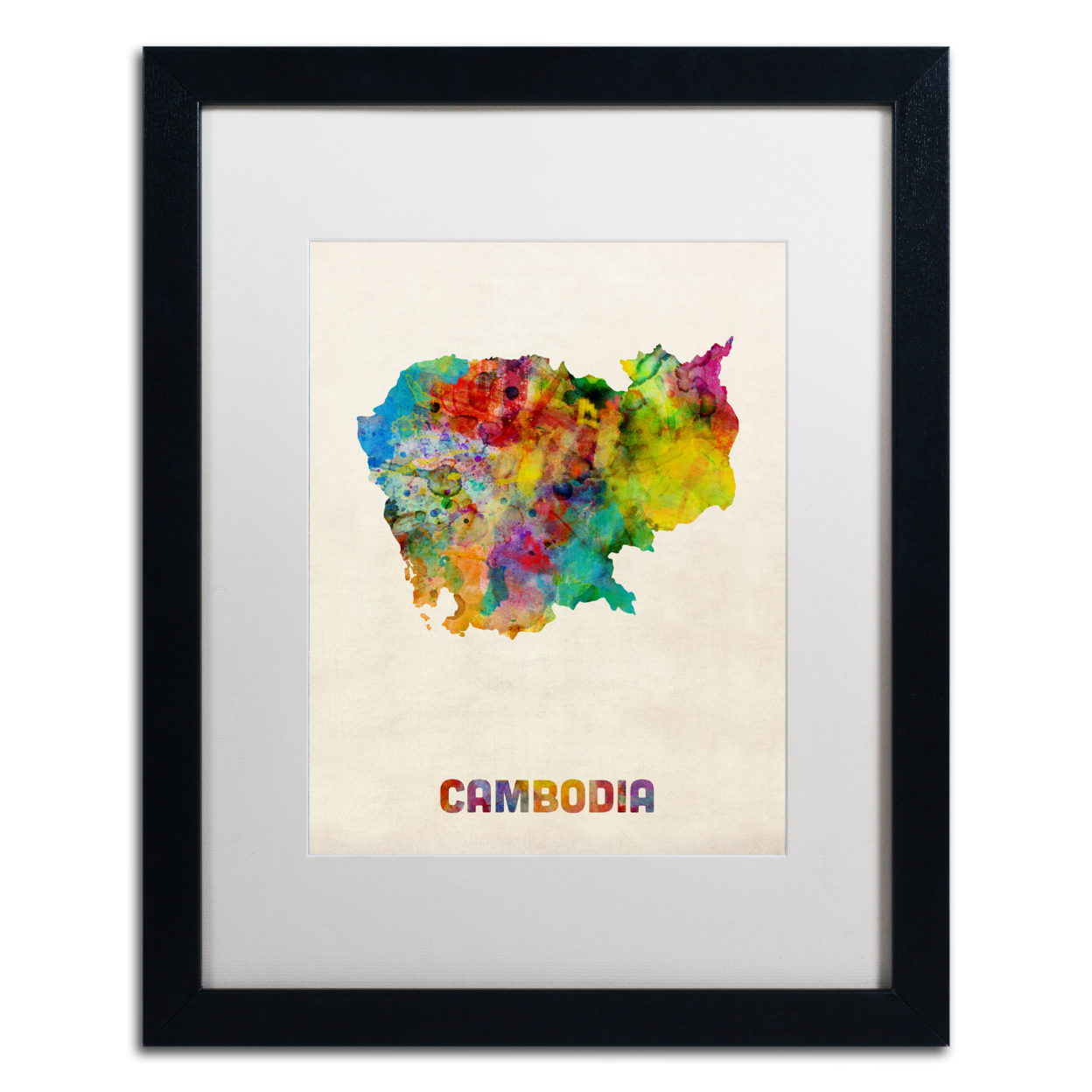 Michael Tompsett 'Cambodia Watercolor Map' Black Wooden Framed Art 18 X 22 Inches