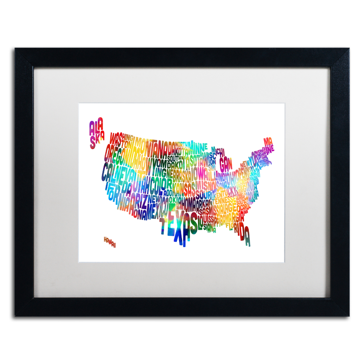 Michael Tompsett 'United States Typography Map 2' Black Wooden Framed Art 18 X 22 Inches