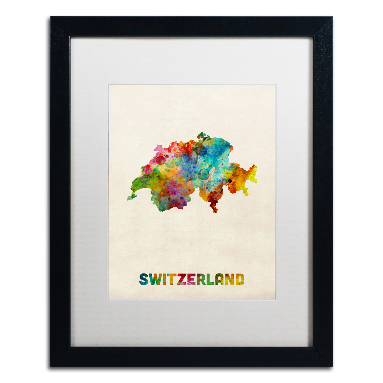 Michael Tompsett 'Switzerland Watercolor Map' Black Wooden Framed Art 18 X 22 Inches