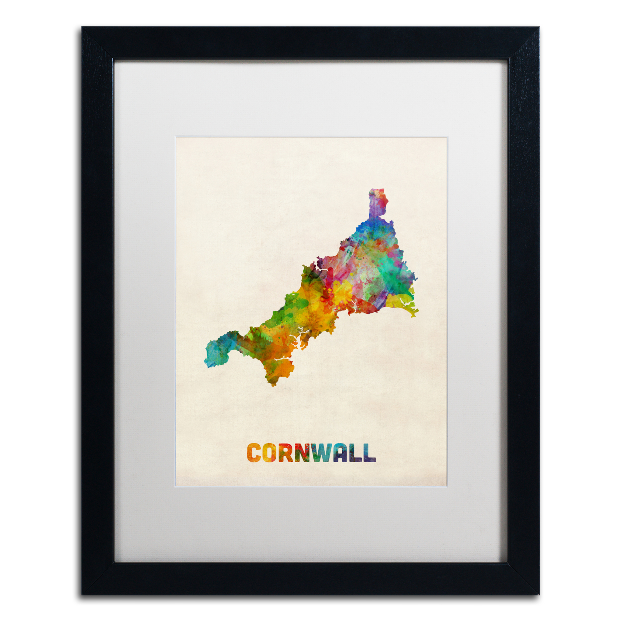 Michael Tompsett 'Cornwall England Watercolor Map' Black Wooden Framed Art 18 X 22 Inches