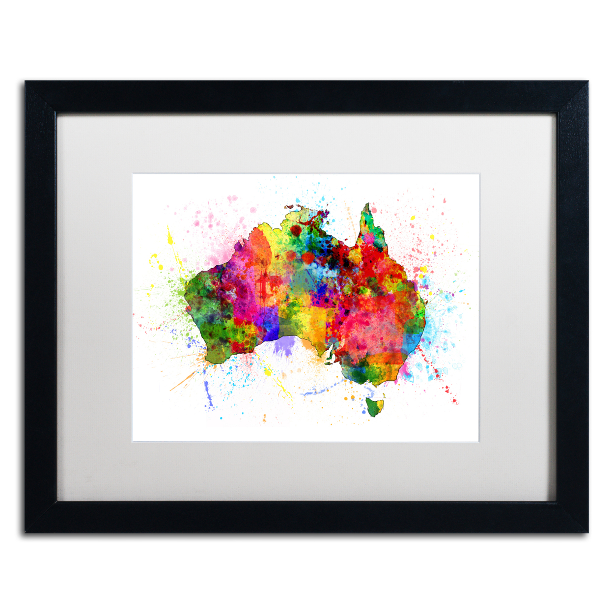 Michael Tompsett 'Australia Paint Splashes Map' Black Wooden Framed Art 18 X 22 Inches