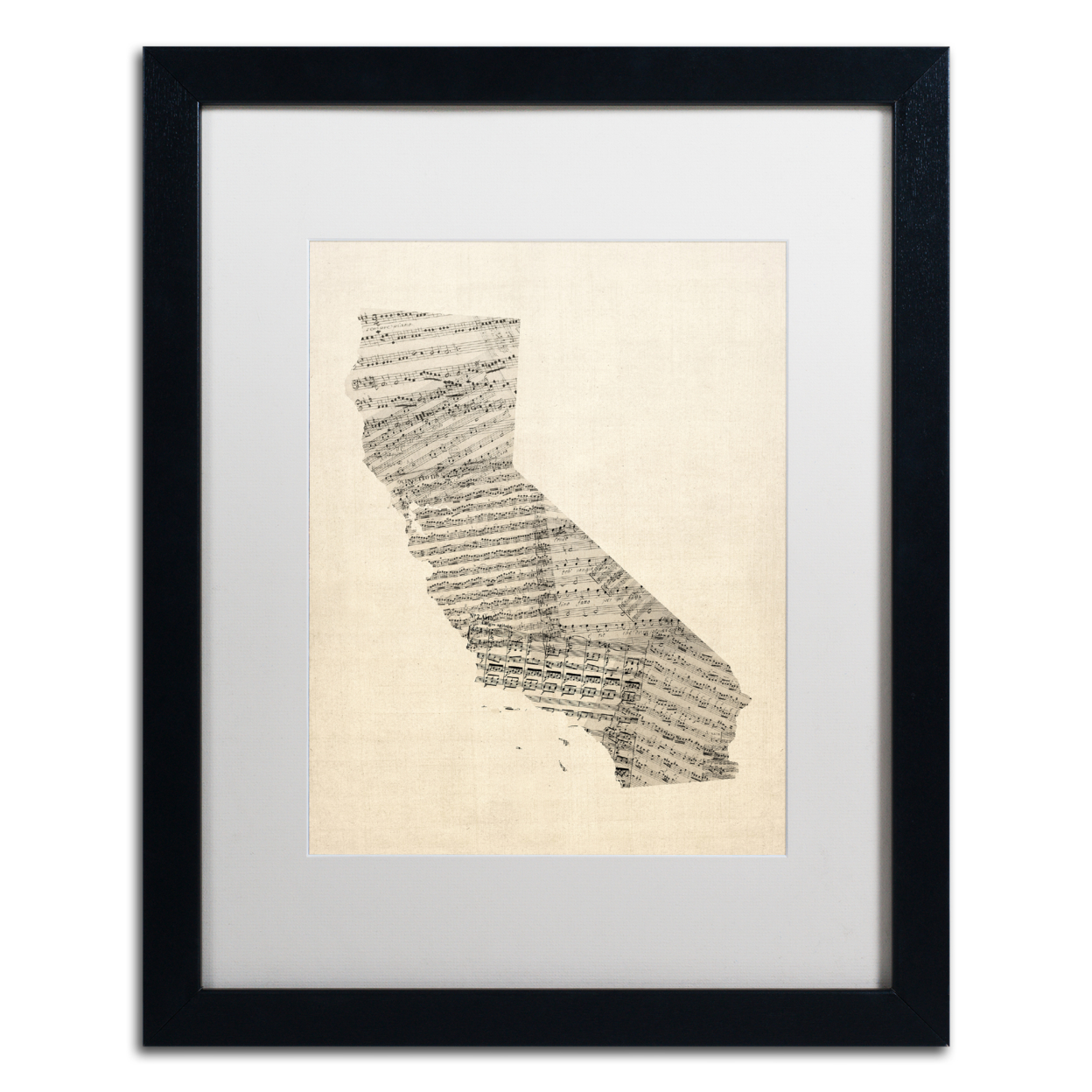 Michael Tompsett 'Old Sheet Music Map Of California' Black Wooden Framed Art 18 X 22 Inches