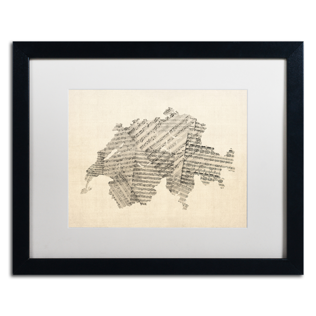 Michael Tompsett 'Sheet Music Map Of Switzerland' Black Wooden Framed Art 18 X 22 Inches