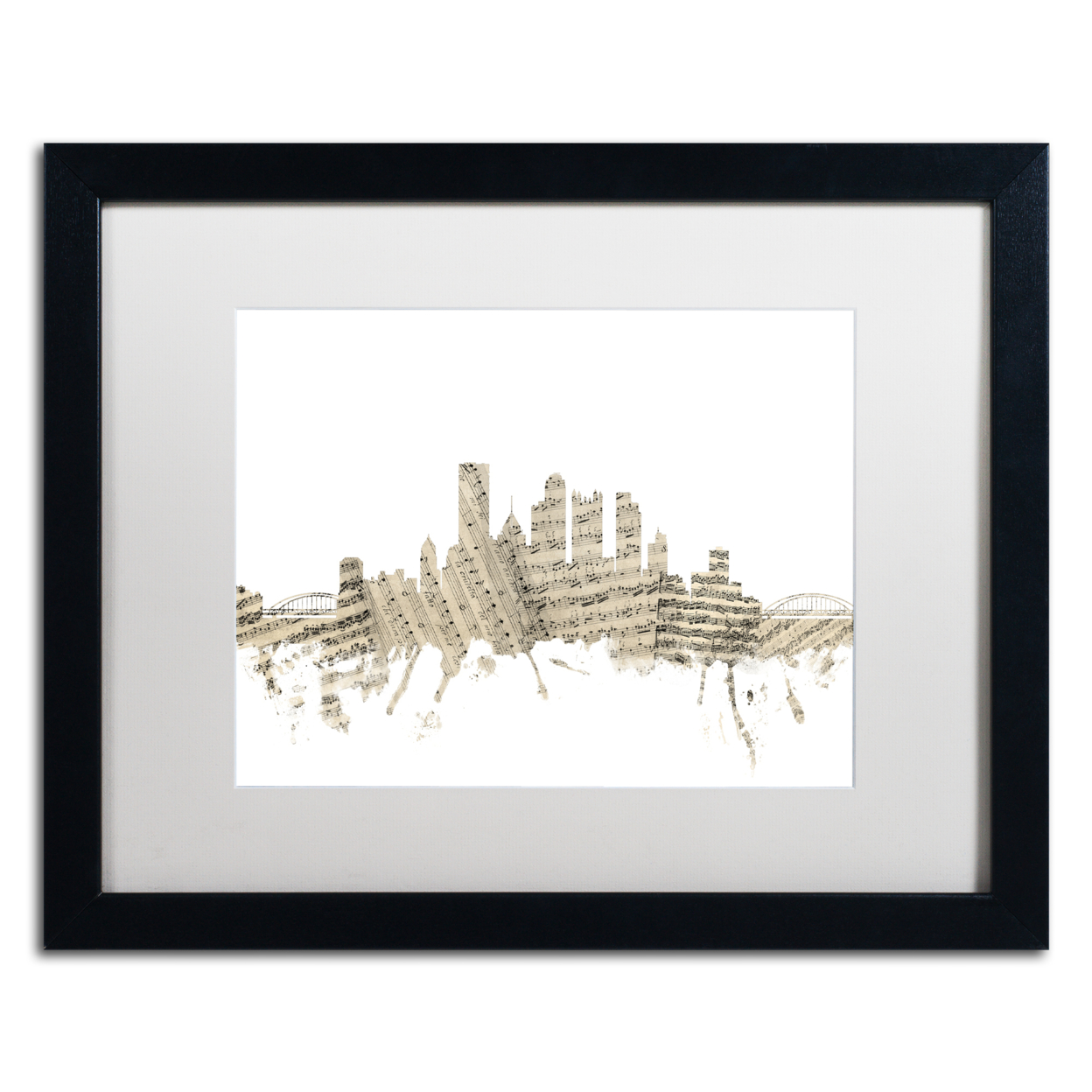 Michael Tompsett 'Pittsburgh Skyline Sheet Music' Black Wooden Framed Art 18 X 22 Inches