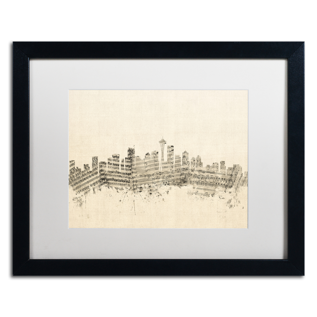 Michael Tompsett 'Seattle Skyline Sheet Music' Black Wooden Framed Art 18 X 22 Inches