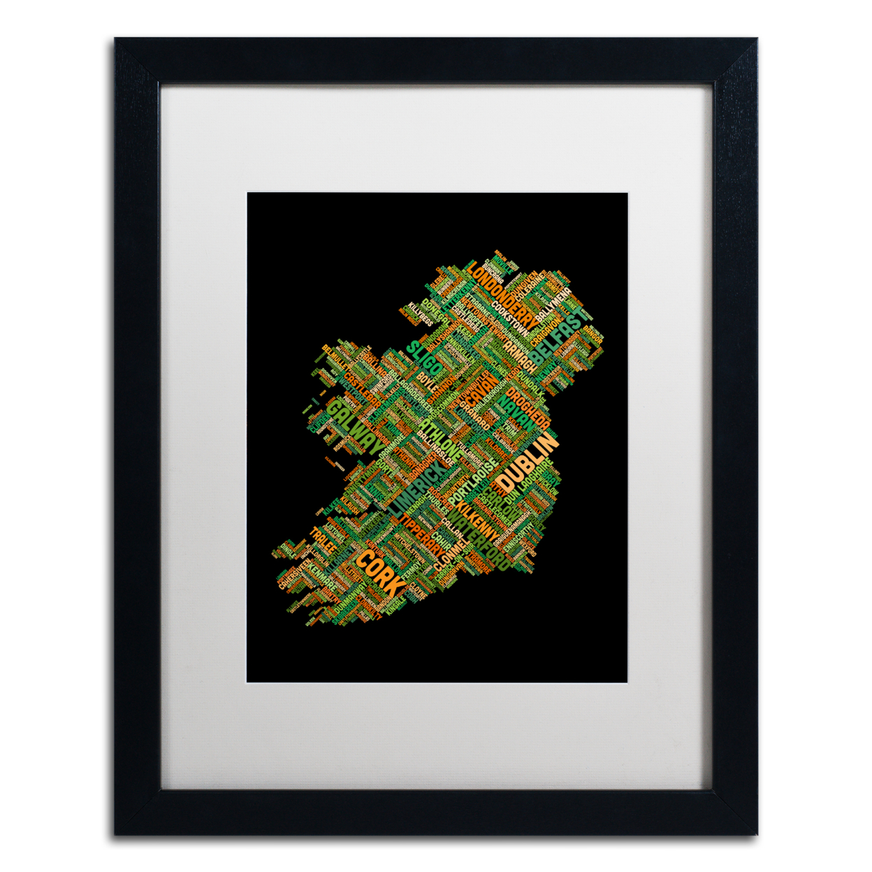 Michael Tompsett 'Ireland Eire City Text Map' Black Wooden Framed Art 18 X 22 Inches