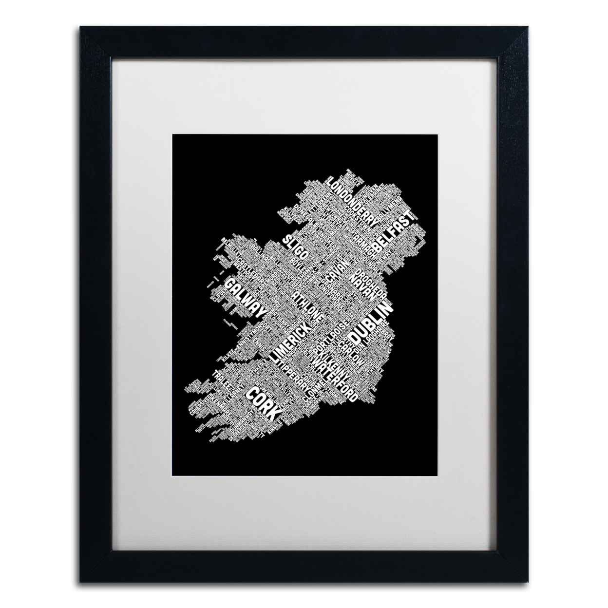Michael Tompsett 'Ireland Eire City Text Map B&W' Black Wooden Framed Art 18 X 22 Inches