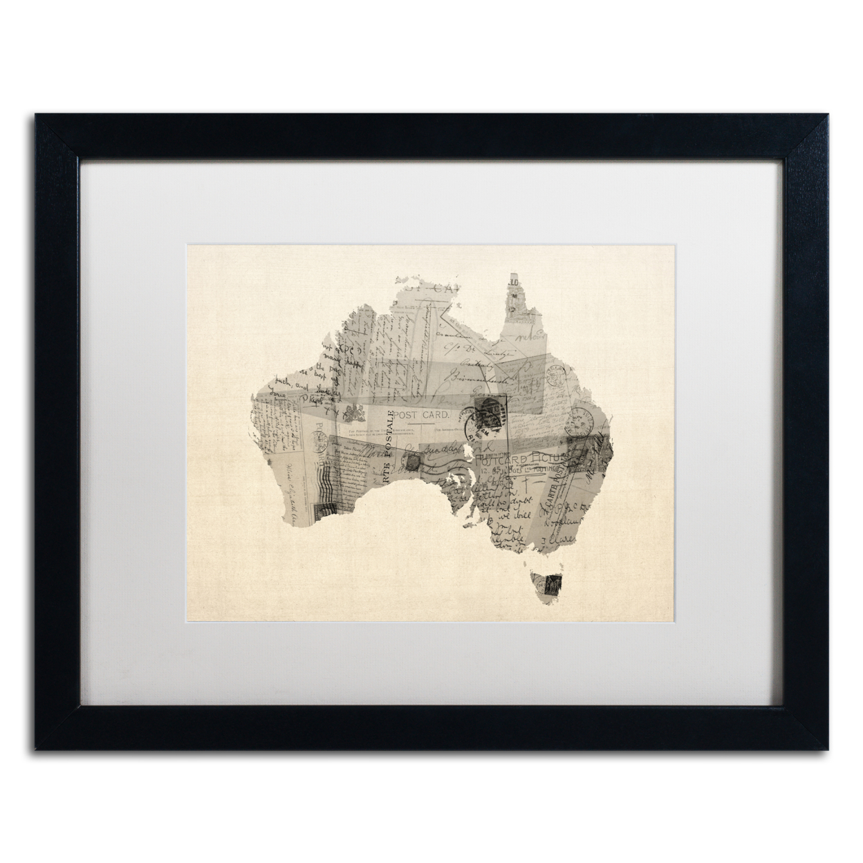 Michael Tompsett 'Old Postcard Map Of Australia' Black Wooden Framed Art 18 X 22 Inches