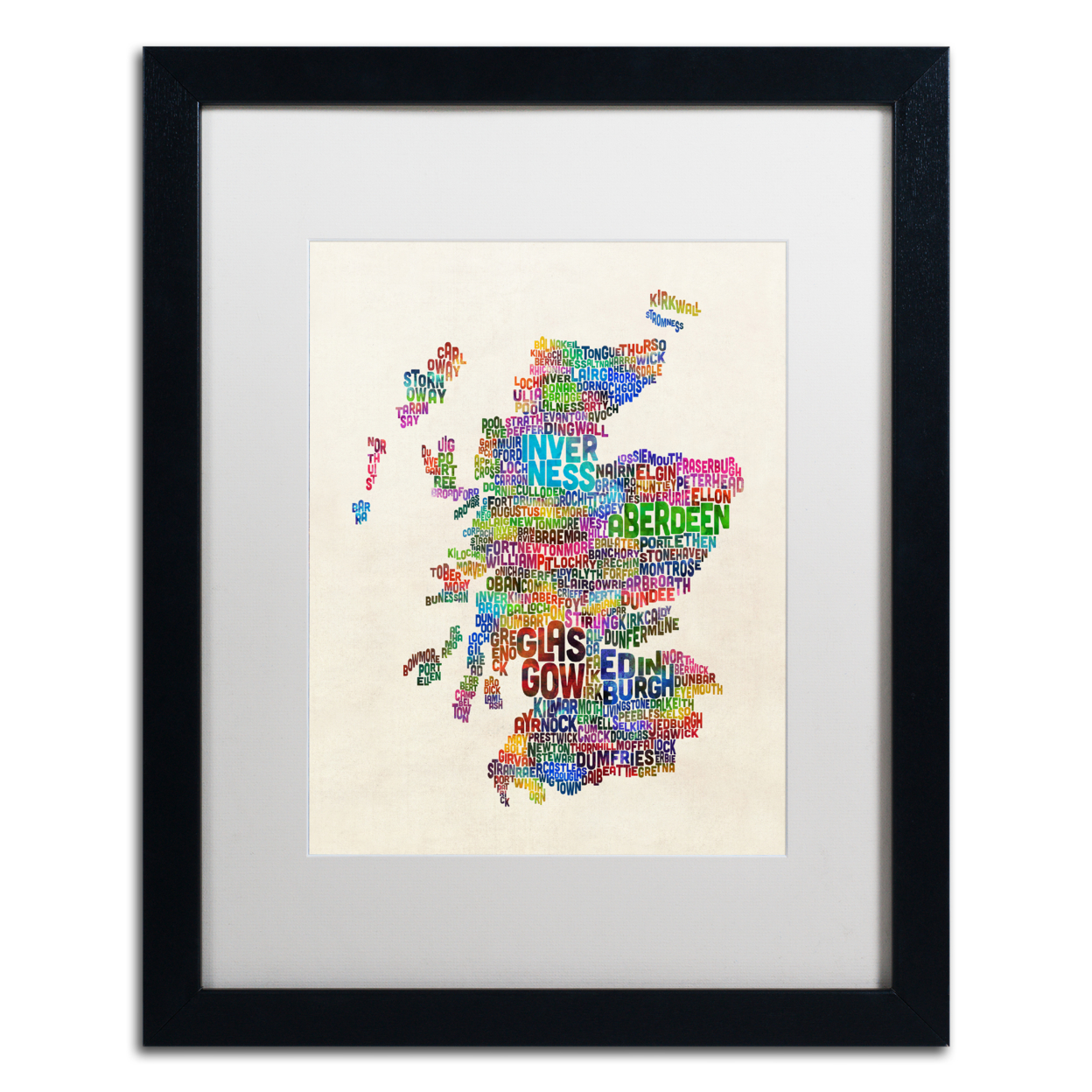 Michael Tompsett 'Scotland Typography Text Map' Black Wooden Framed Art 18 X 22 Inches