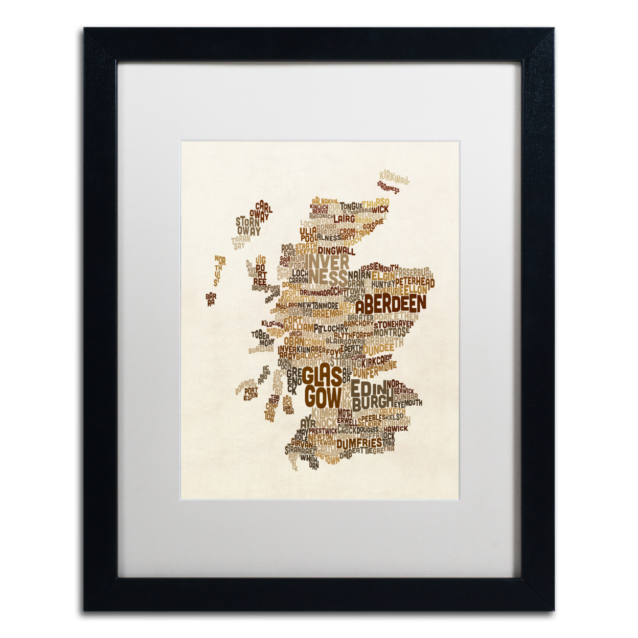 Michael Tompsett 'Scotland Typography Text Map 3' Black Wooden Framed Art 18 X 22 Inches