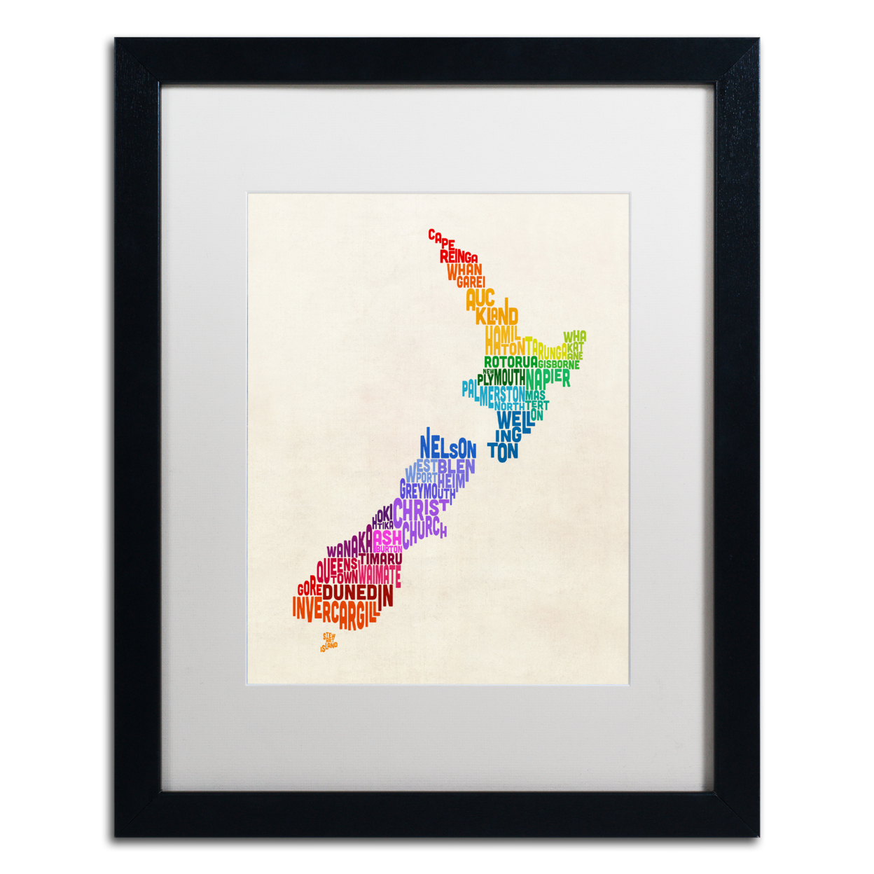 Michael Tompsett 'New Zealand Typography Map 3' Black Wooden Framed Art 18 X 22 Inches