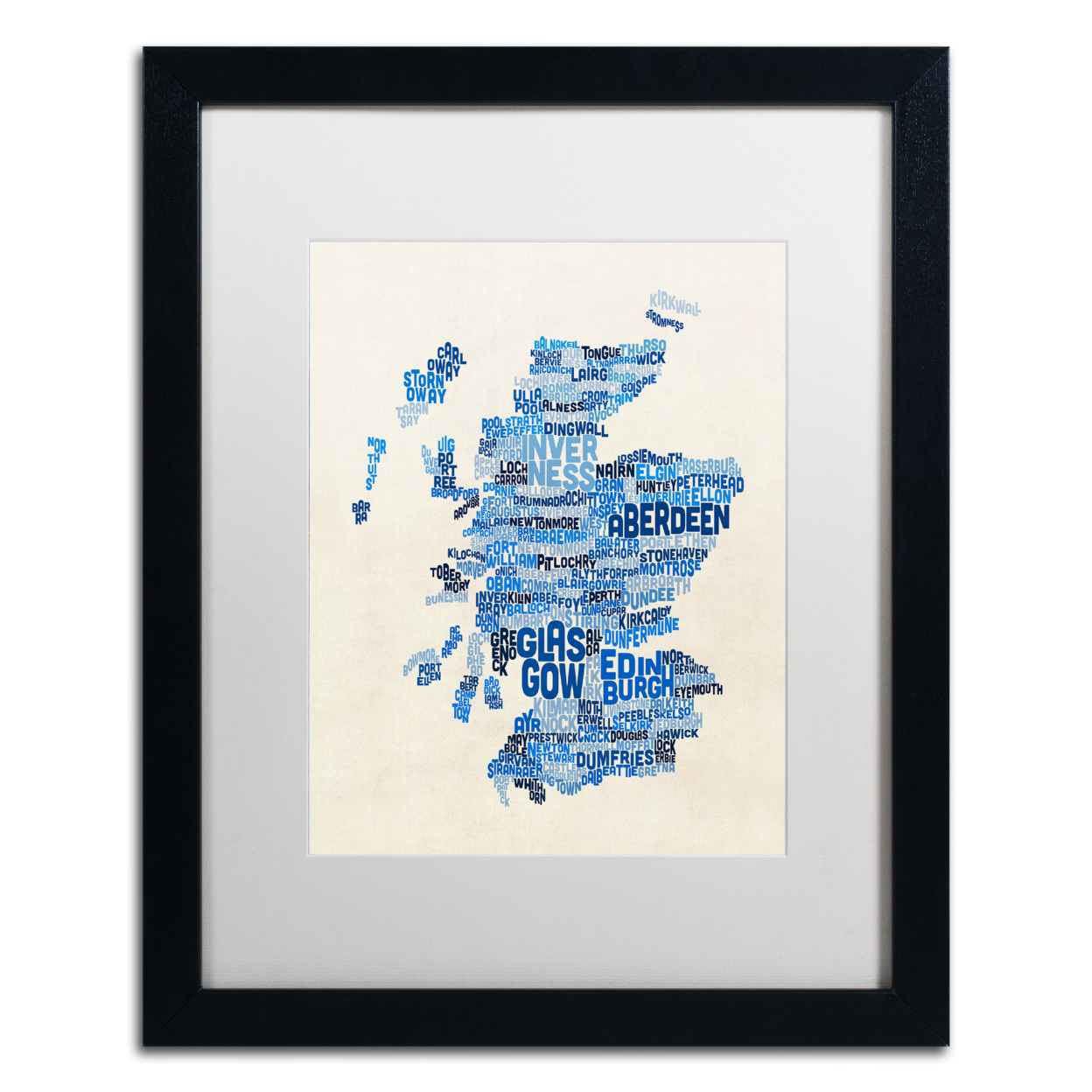 Michael Tompsett 'Scotland Typography Text Map 2' Black Wooden Framed Art 18 X 22 Inches