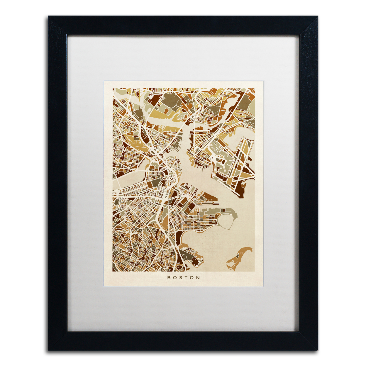 Michael Tompsett 'Boston MA Street Map Brown' Black Wooden Framed Art 18 X 22 Inches