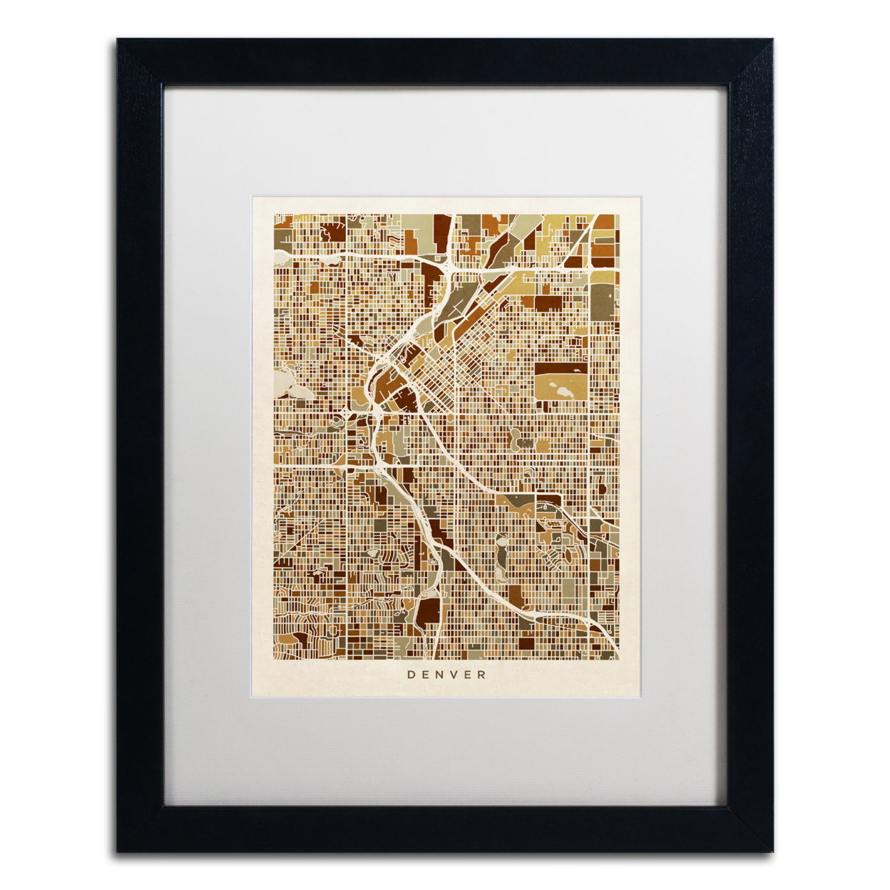 Michael Tompsett 'Denver CO Street Map Brown' Black Wooden Framed Art 18 X 22 Inches
