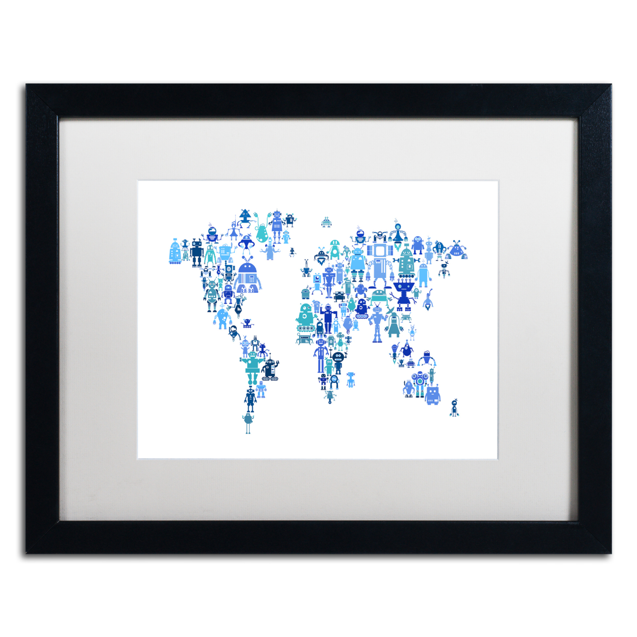 Michael Tompsett 'Robot Map Of The World Blue' Black Wooden Framed Art 18 X 22 Inches