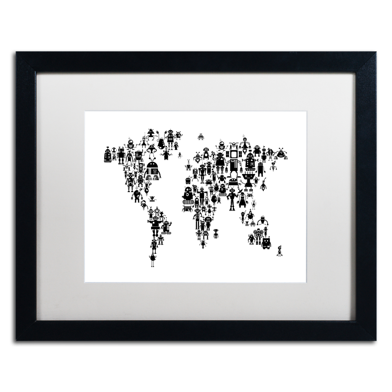 Michael Tompsett 'Robot Map Of The World Black' Black Wooden Framed Art 18 X 22 Inches