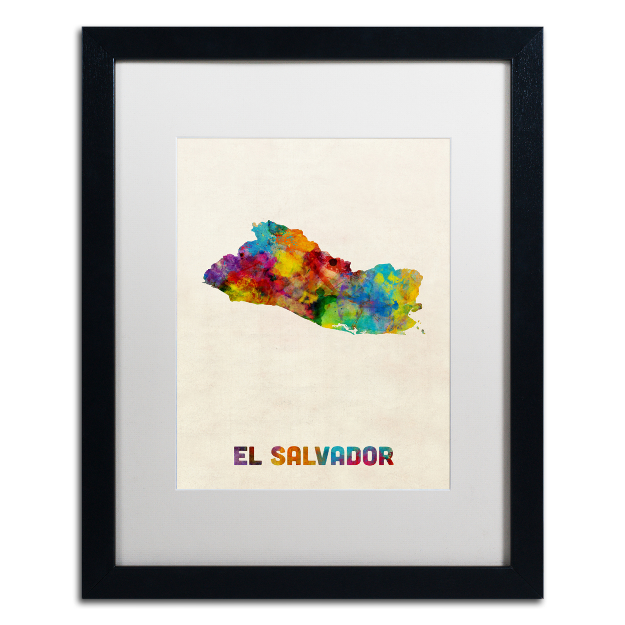 Michael Tompsett 'El Salvador Watercolor Map' Black Wooden Framed Art 18 X 22 Inches