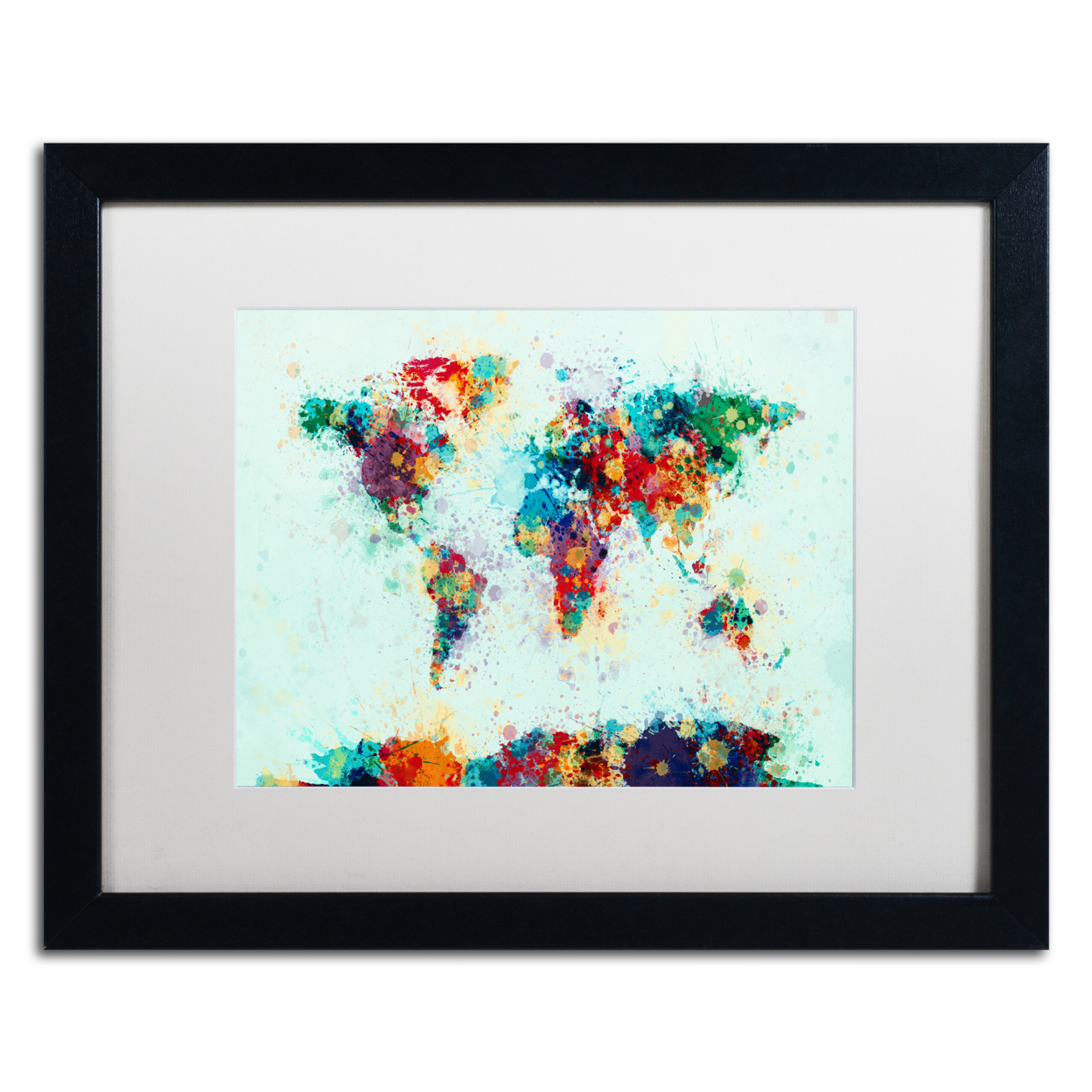 Michael Tompsett 'World Map Paint Splashes' Black Wooden Framed Art 18 X 22 Inches