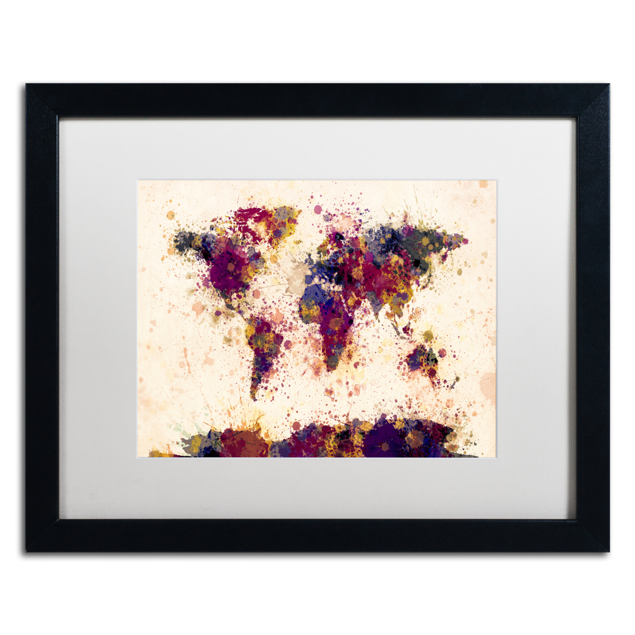 Michael Tompsett 'World Map Paint Splashes 2' Black Wooden Framed Art 18 X 22 Inches