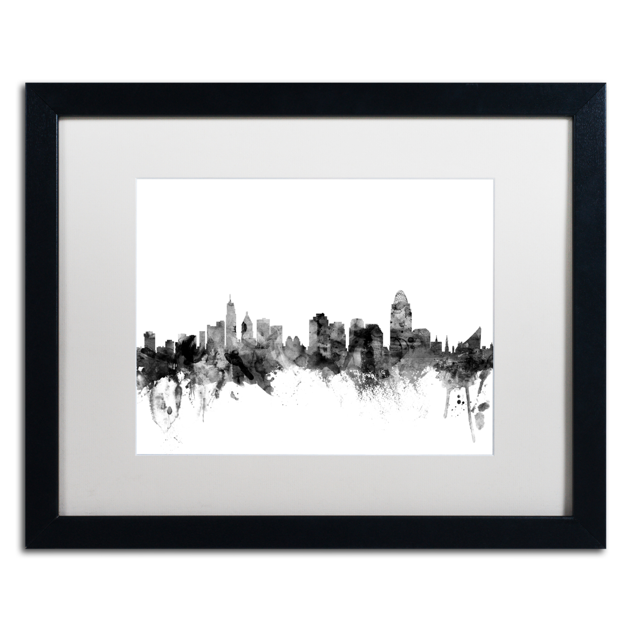 Michael Tompsett 'Cincinnati Ohio Skyline B&W' Black Wooden Framed Art 18 X 22 Inches