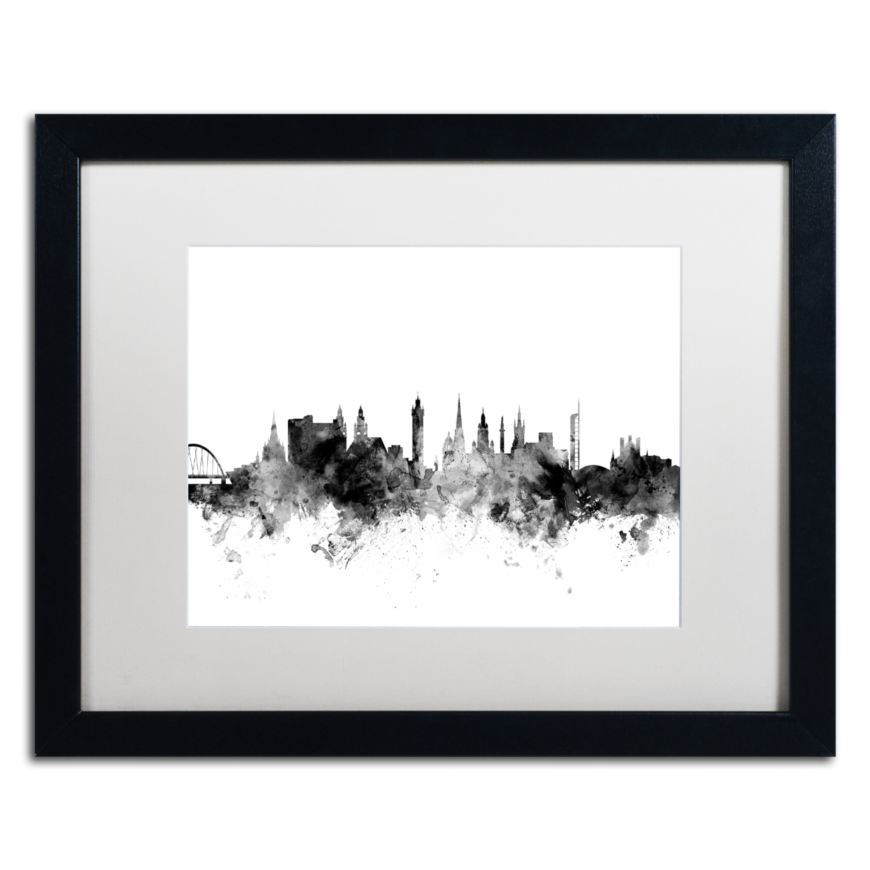 Michael Tompsett 'Glasgow Scotland Skyline B&W' Black Wooden Framed Art 18 X 22 Inches