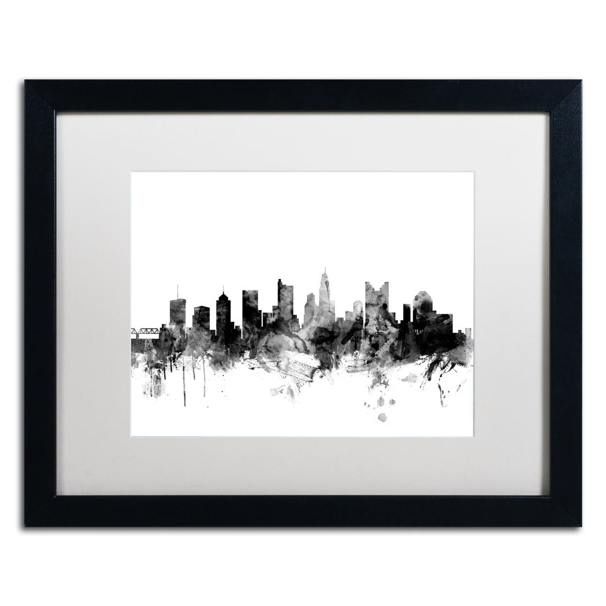 Michael Tompsett 'Columbus Ohio Skyline B&W' Black Wooden Framed Art 18 X 22 Inches