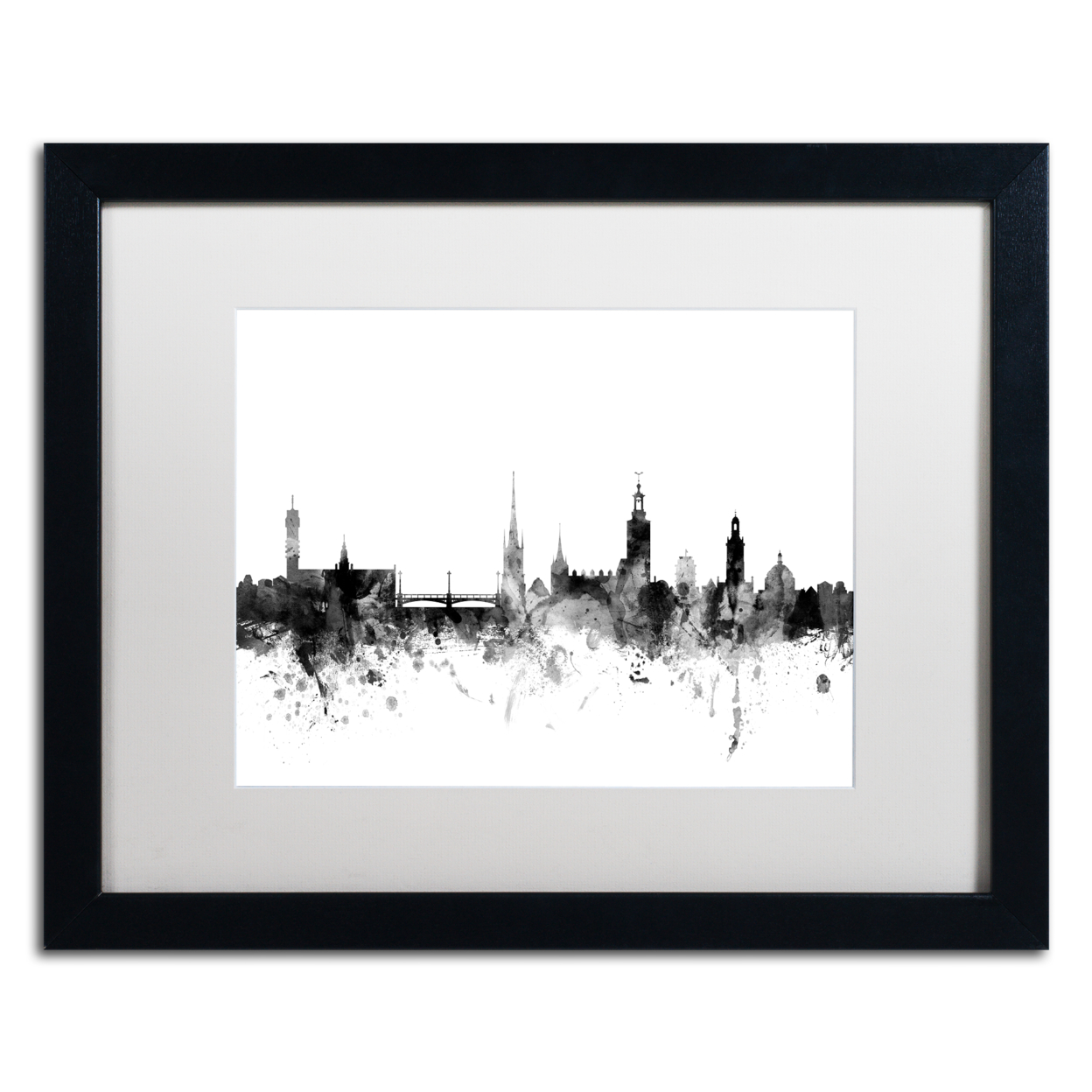 Michael Tompsett 'Stockholm Sweden Skyline B&W' Black Wooden Framed Art 18 X 22 Inches