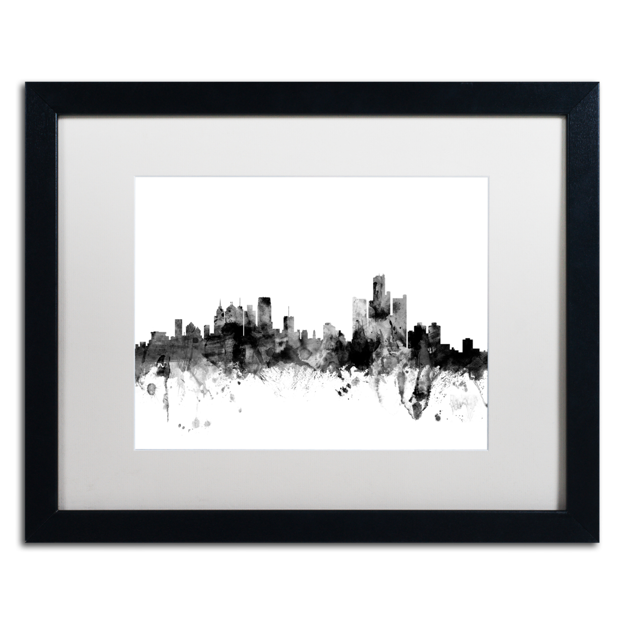 Michael Tompsett 'Detroit Michigan Skyline B&W' Black Wooden Framed Art 18 X 22 Inches