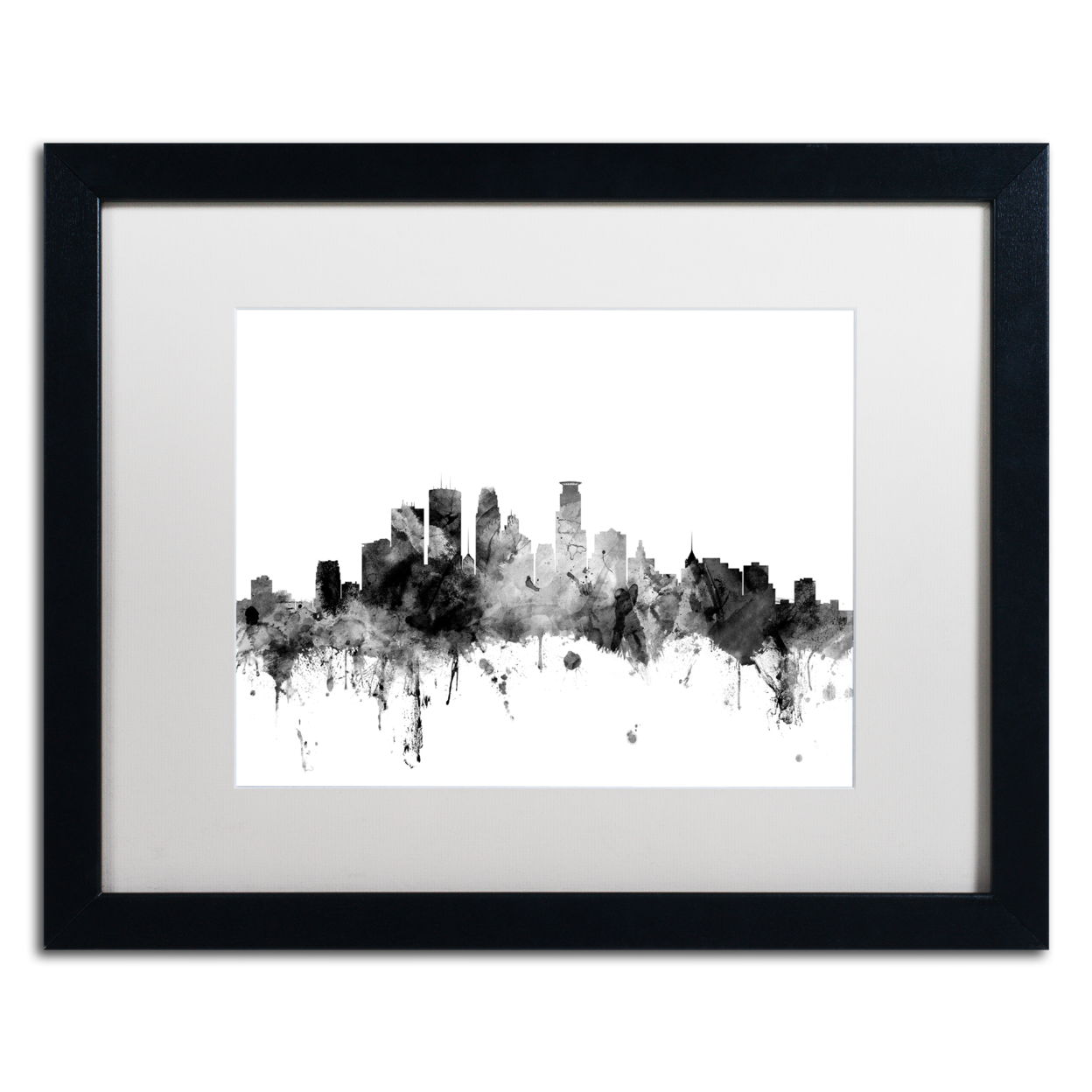 Michael Tompsett 'Minneapolis MN Skyline B&W' Black Wooden Framed Art 18 X 22 Inches