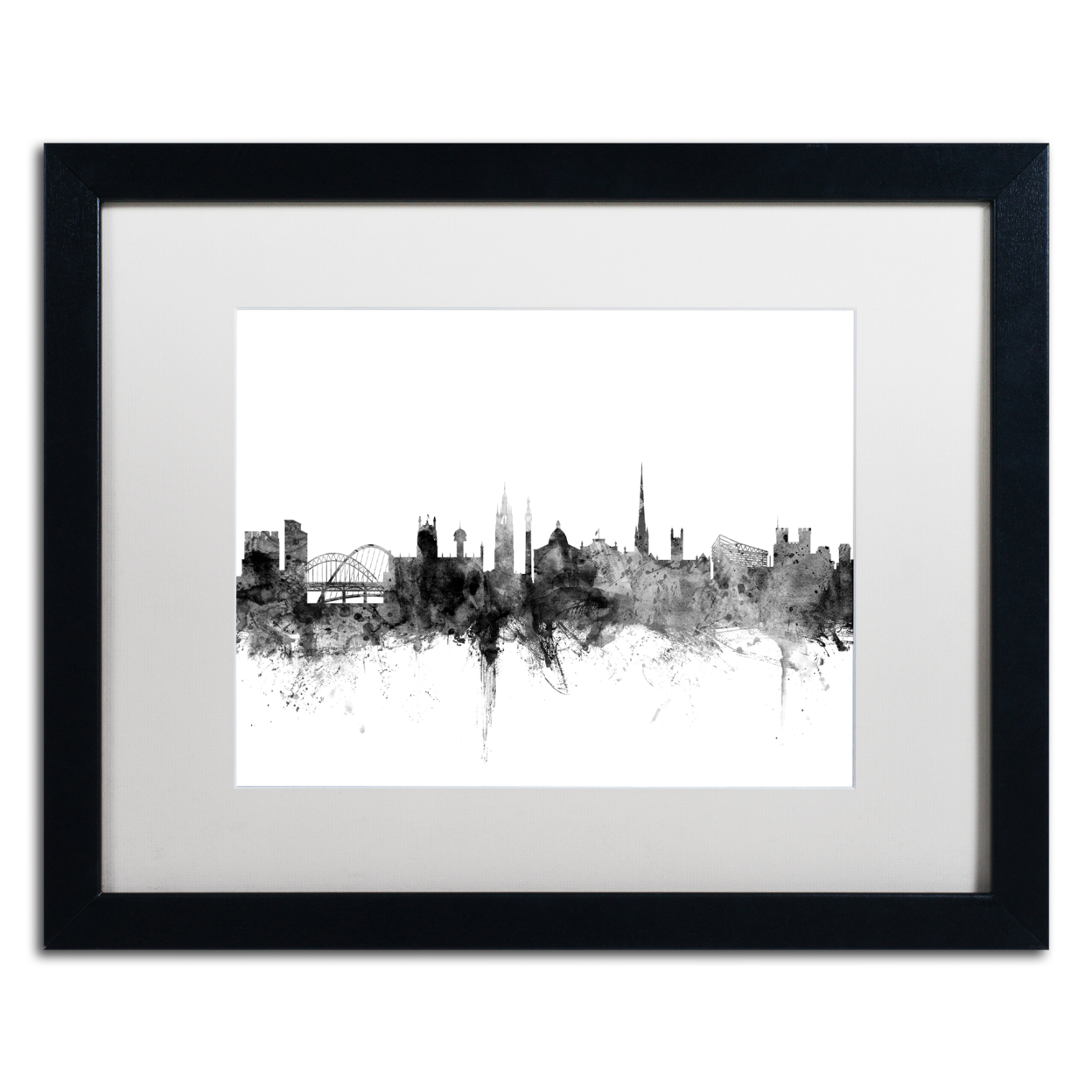 Michael Tompsett 'Newcastle England Skyline B&W' Black Wooden Framed Art 18 X 22 Inches