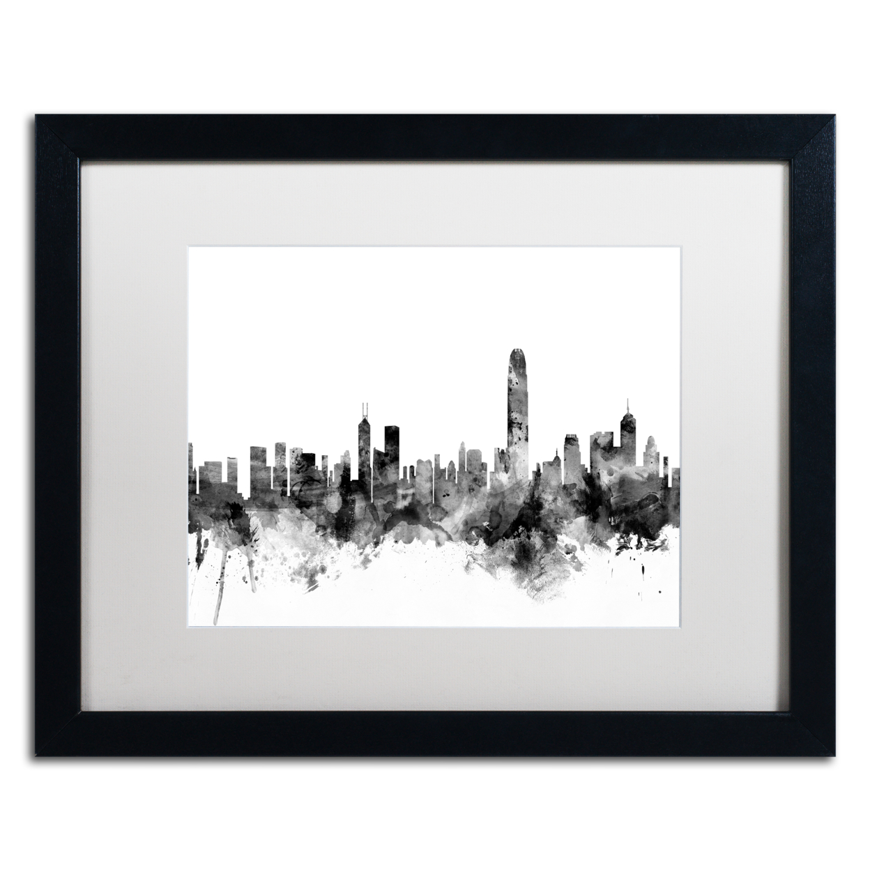 Michael Tompsett 'Hong Kong Skyline B&W' Black Wooden Framed Art 18 X 22 Inches