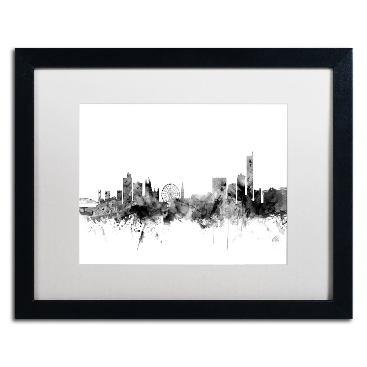 Michael Tompsett 'Manchester England Skyline B&W' Black Wooden Framed Art 18 X 22 Inches