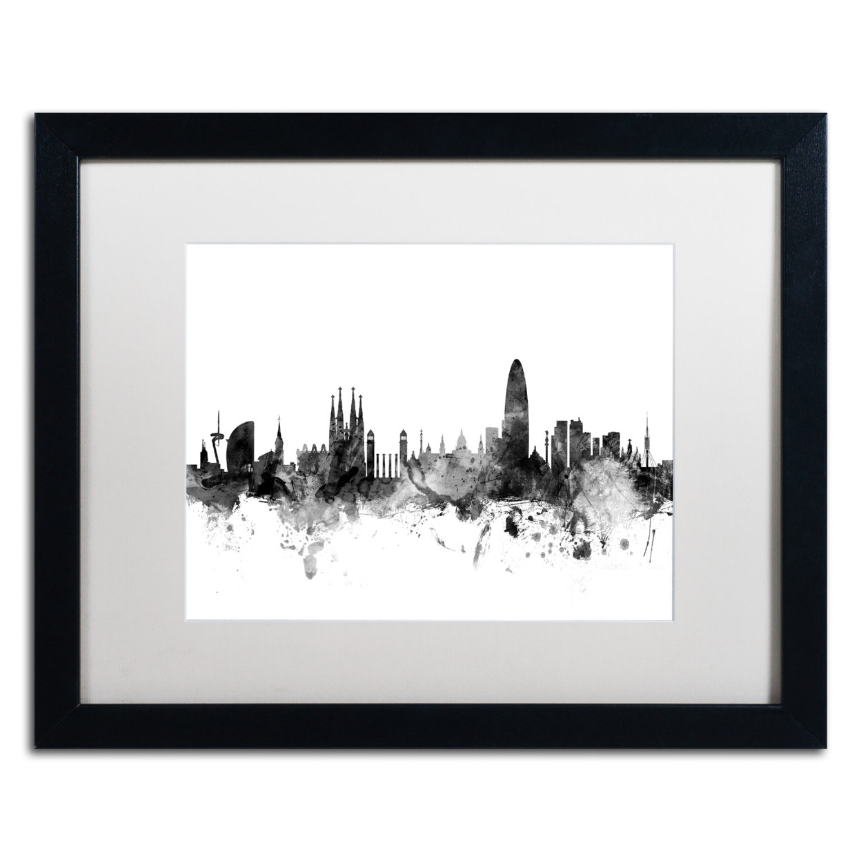 Michael Tompsett 'Barcelona Spain Skyline B&W' Black Wooden Framed Art 18 X 22 Inches