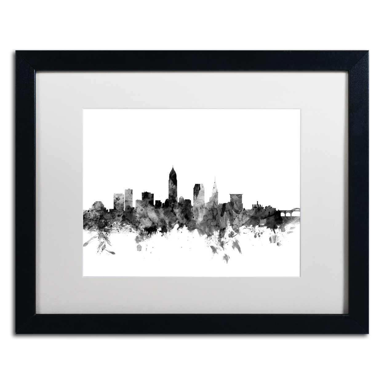 Michael Tompsett 'Cleveland Ohio Skyline B&W' Black Wooden Framed Art 18 X 22 Inches
