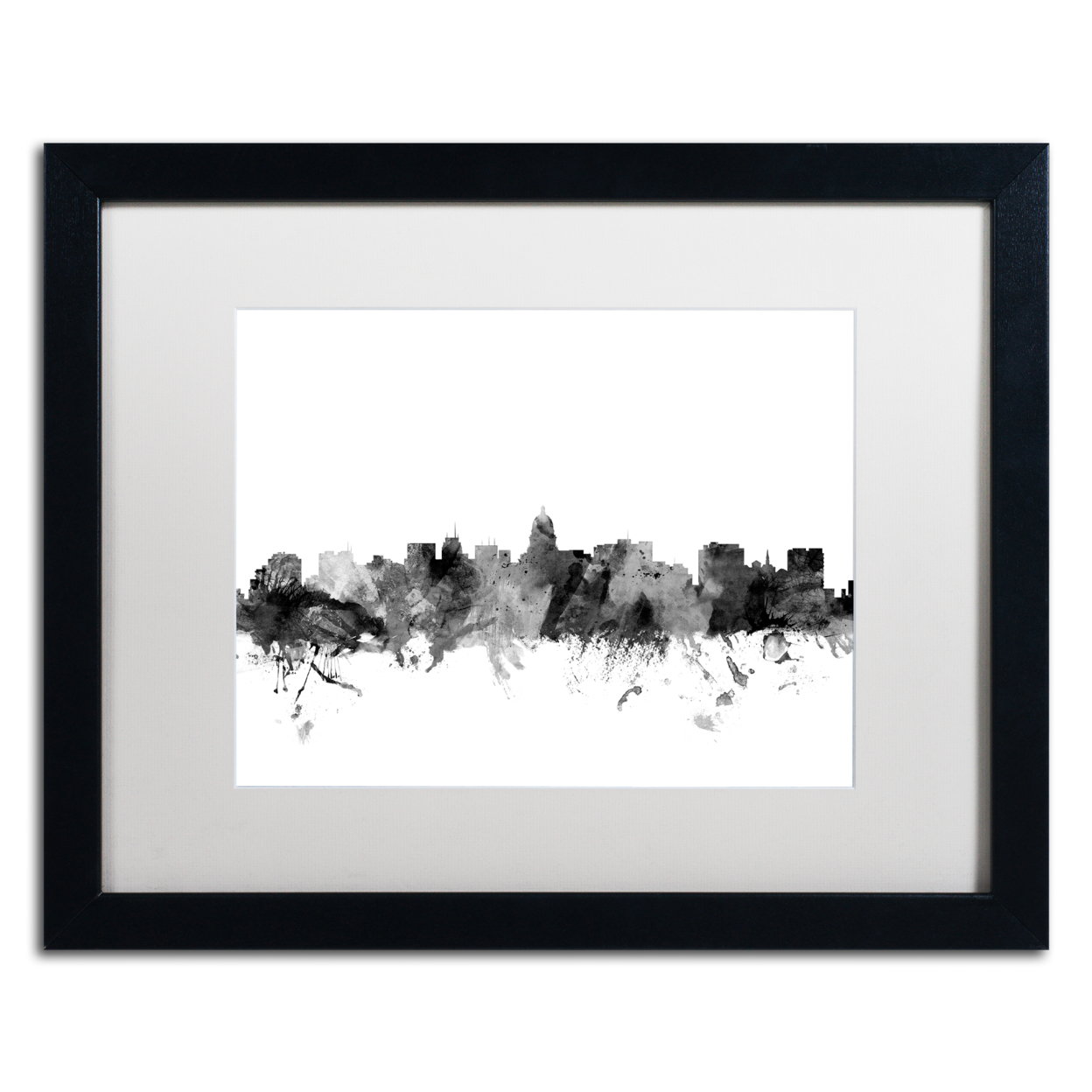 Michael Tompsett 'Madison Wisconsin Skyline B&W' Black Wooden Framed Art 18 X 22 Inches