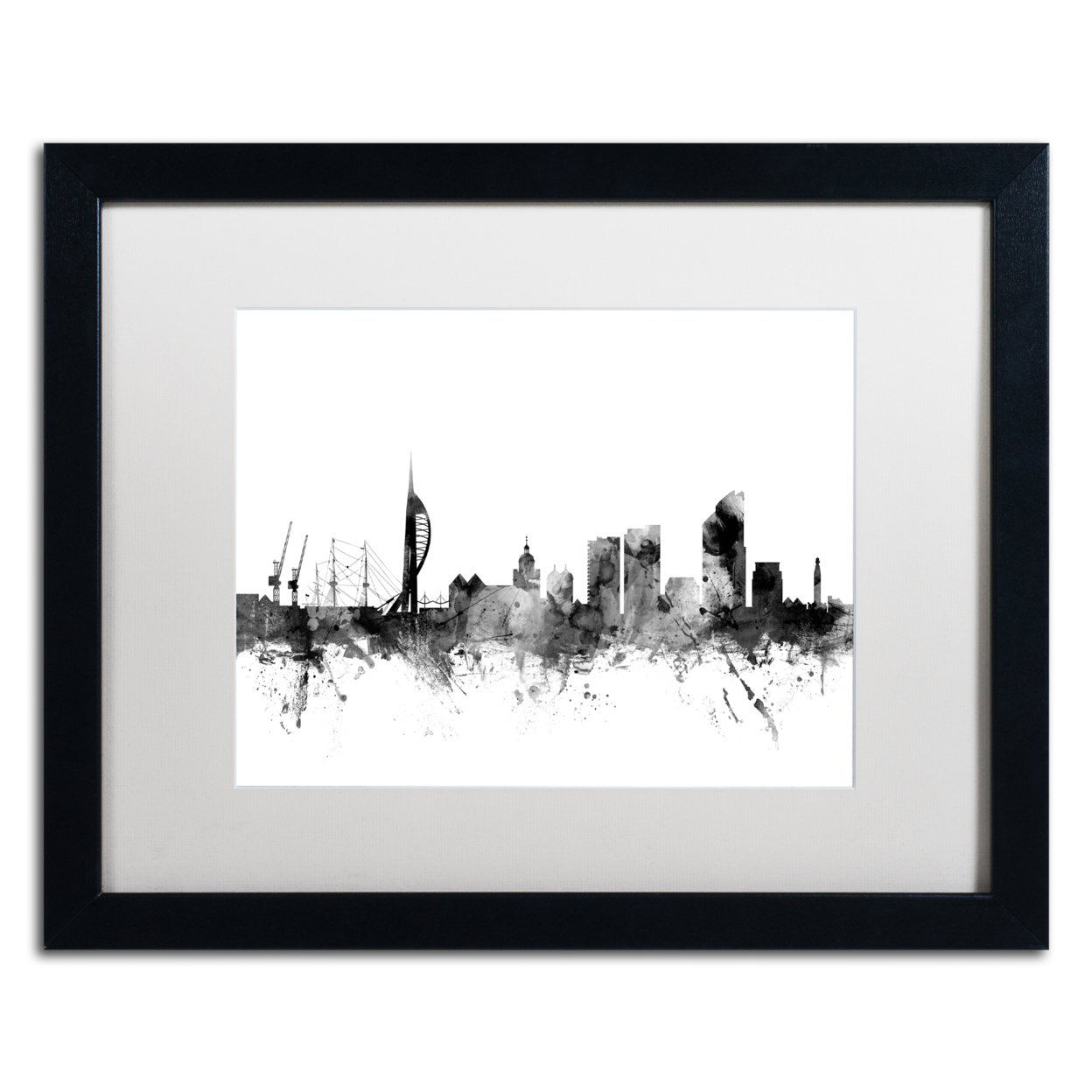 Michael Tompsett 'Portsmouth England Skyline B&W' Black Wooden Framed Art 18 X 22 Inches