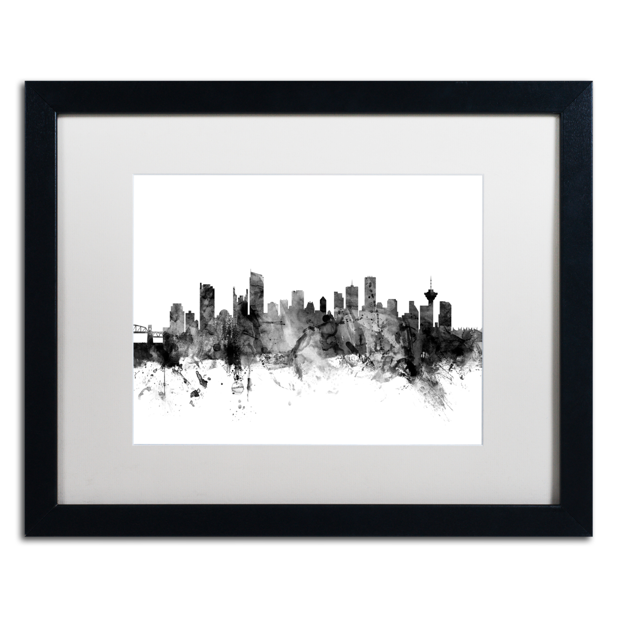 Michael Tompsett 'Vancouver Canada Skyline B&W' Black Wooden Framed Art 18 X 22 Inches