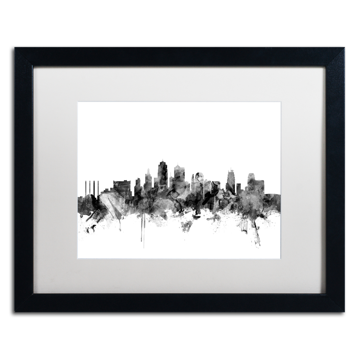 Michael Tompsett 'Kansas City Skyline B&W' Black Wooden Framed Art 18 X 22 Inches