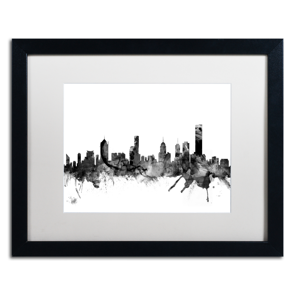 Michael Tompsett 'Melbourne Skyline B&W' Black Wooden Framed Art 18 X 22 Inches