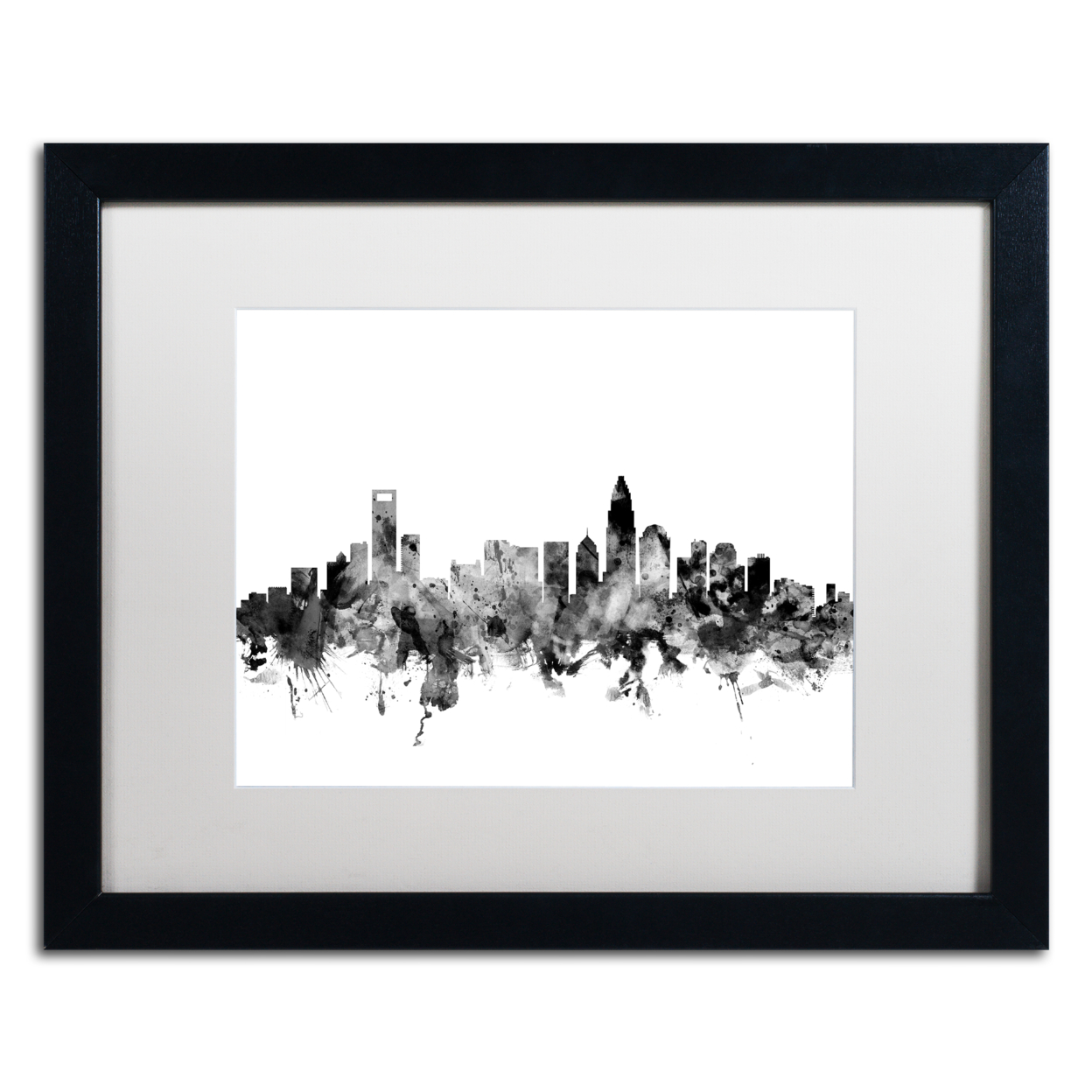 Michael Tompsett 'Charlotte NC Skyline B&W' Black Wooden Framed Art 18 X 22 Inches