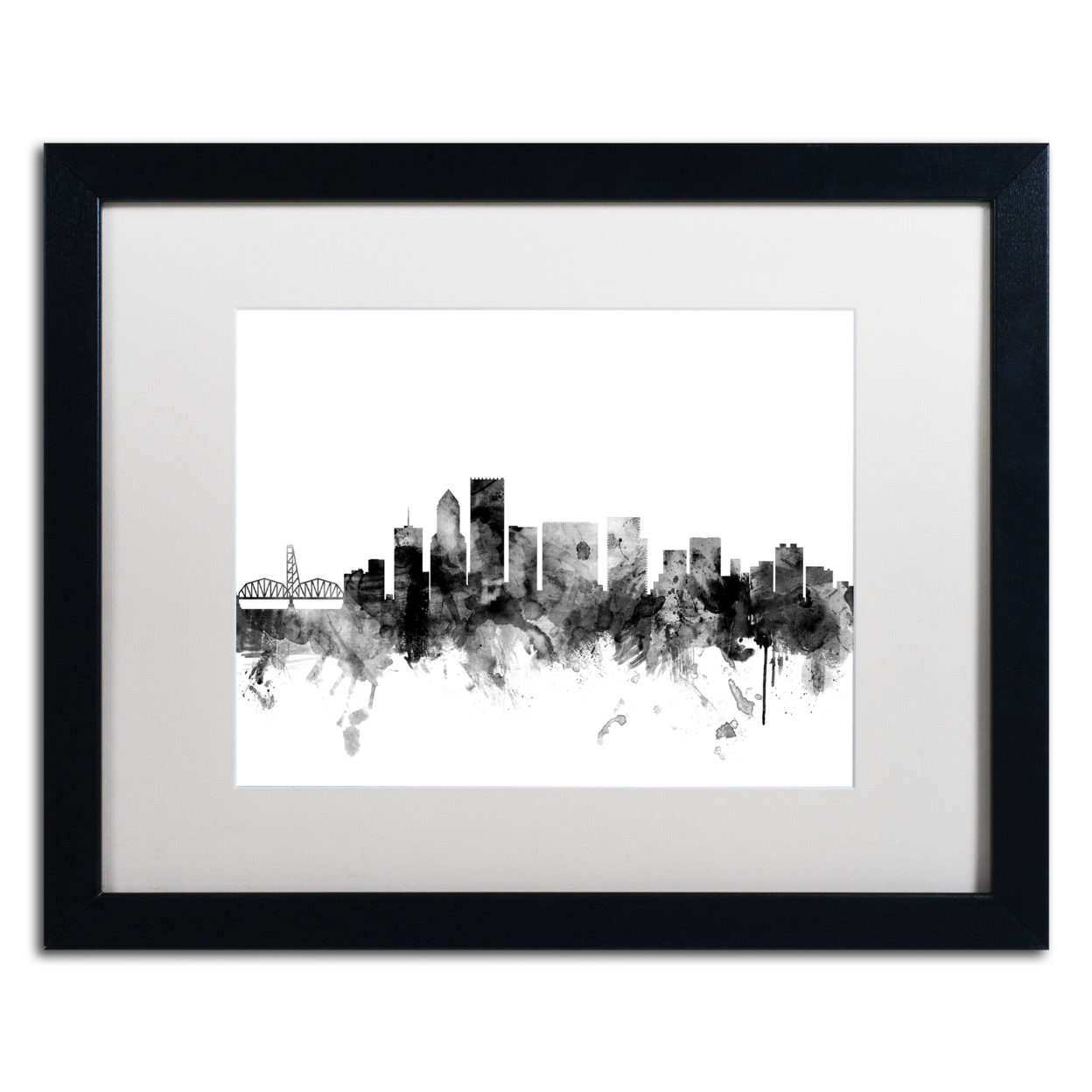 Michael Tompsett 'Portland Oregon Skyline B&W' Black Wooden Framed Art 18 X 22 Inches