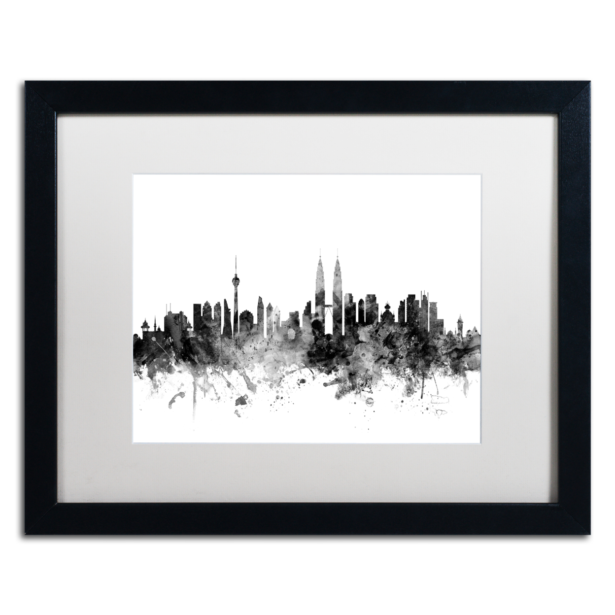 Michael Tompsett 'Kuala Lumpur Skyline B&W' Black Wooden Framed Art 18 X 22 Inches