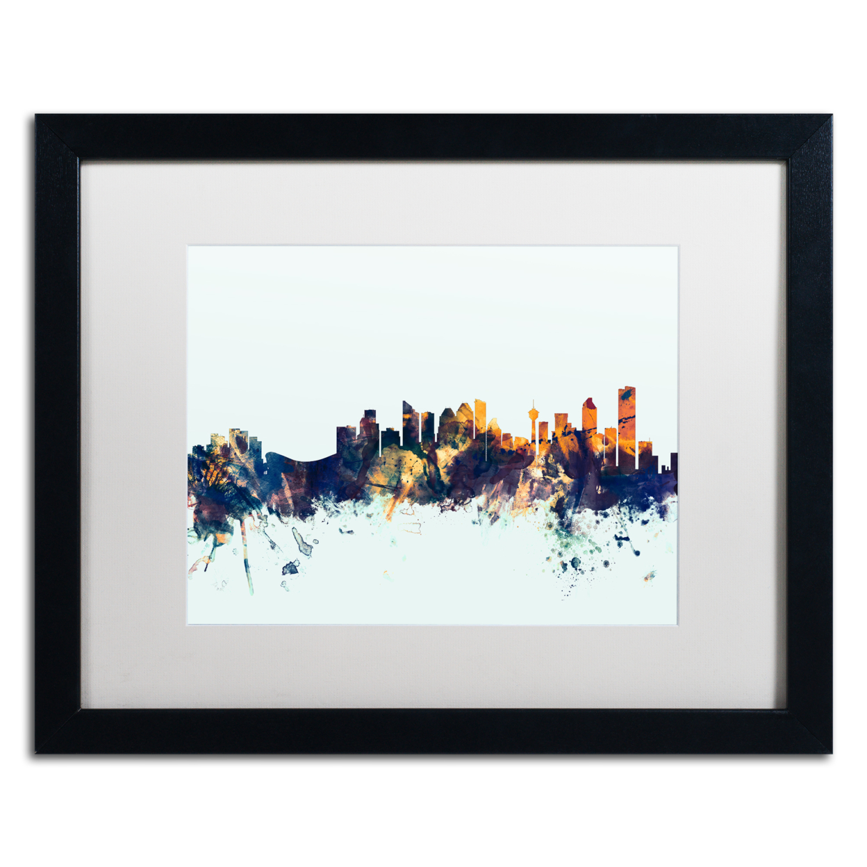 Michael Tompsett 'Calgary Canada Skyline Blue' Black Wooden Framed Art 18 X 22 Inches